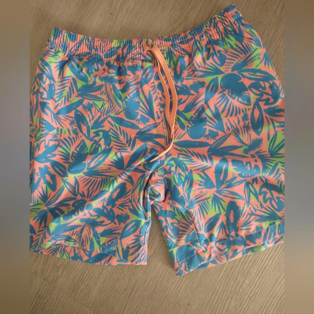 Chubby's Pink/ Turquoise Palms Drawstring Elasticized Waist Zip Swim Sho…